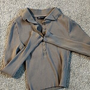 Zara Taupe Ribbed Polo Top